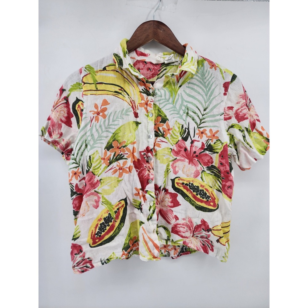 C&C California Womens Small 100% Linen Tropical Fruit Floral Button Up Shirt - Picture 2 of 8